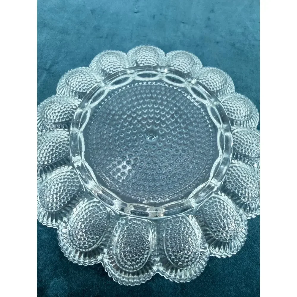 Vintage Clear Glass Deviled Egg Plate 11 Inch Hobnail Pressed Glass Serving Tray